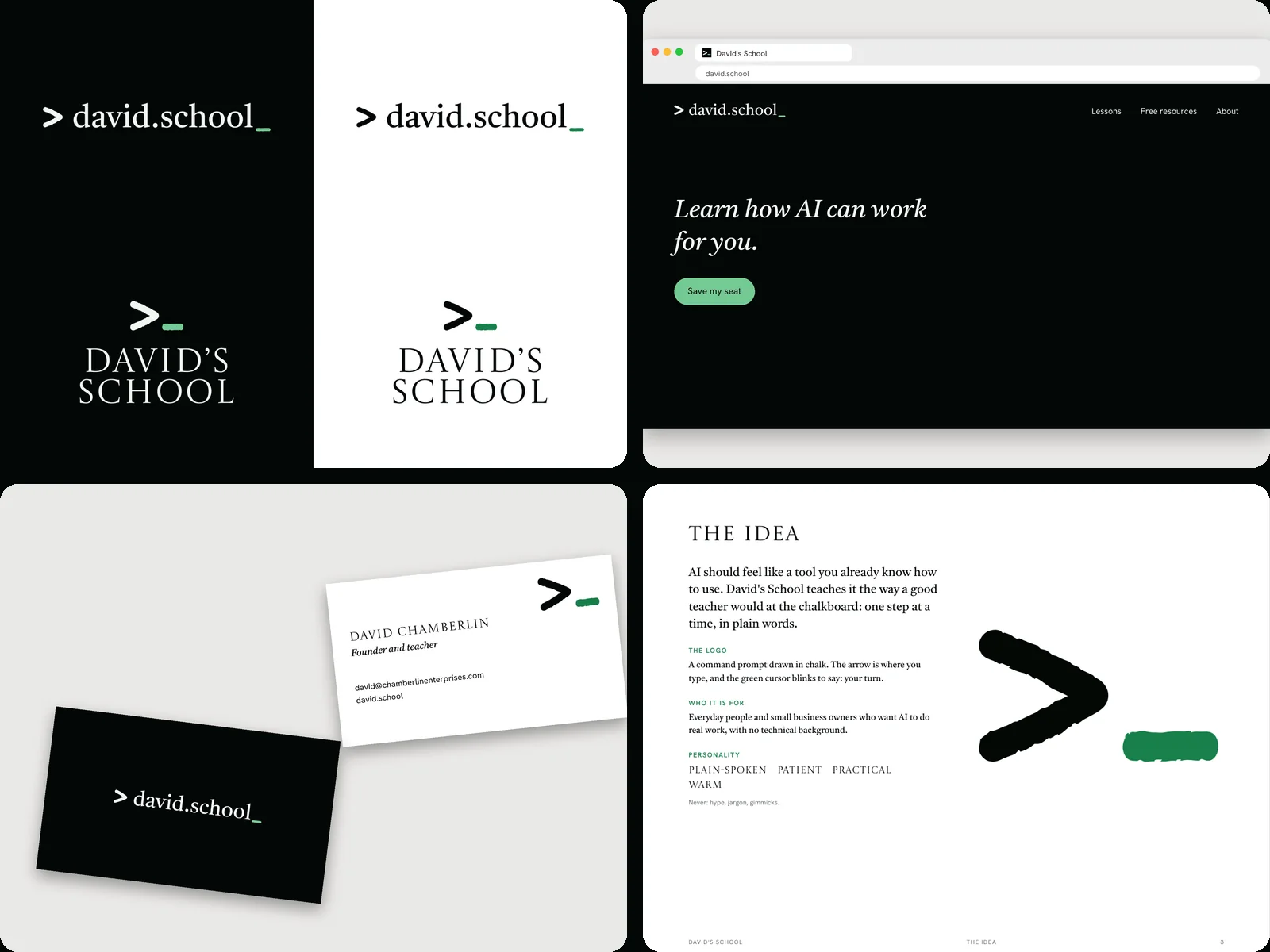 What the skill made for David’s School: four logo versions, a website, business cards, and a page of the brand guide